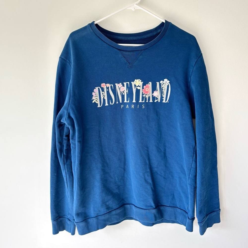 Disneyland Paris Blue Crew Neck Floral Logo 100% Cotton Oversized Sweatshirt